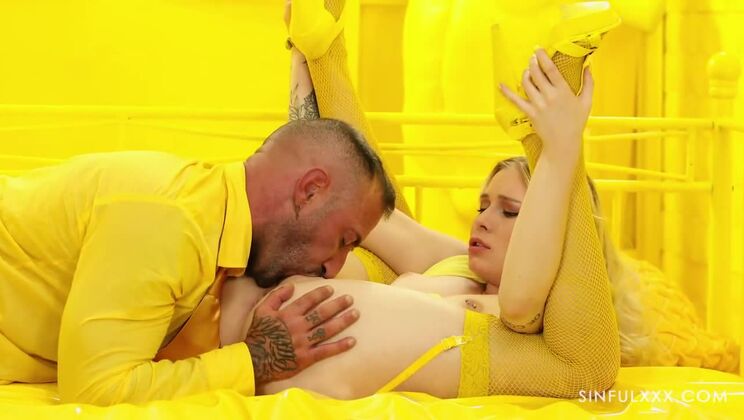 Blonde Tattooed Girl Sucks Cock in Yellow