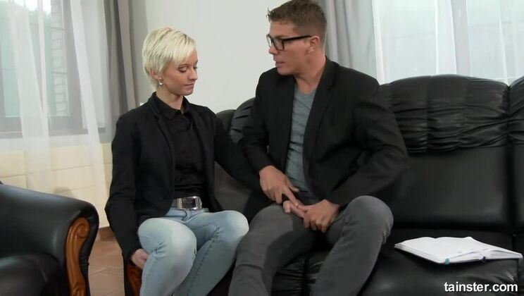 Blonde Gets a Pissing Lesson with Big Cock