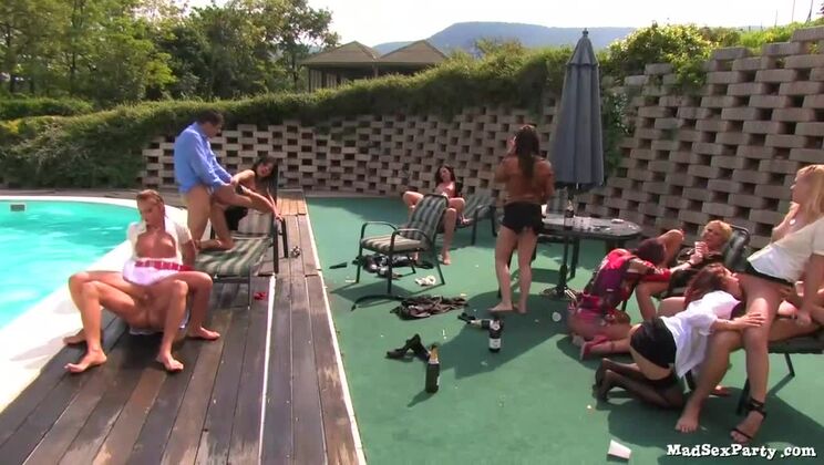 Group Sex at the Pool with MILFs and Babes