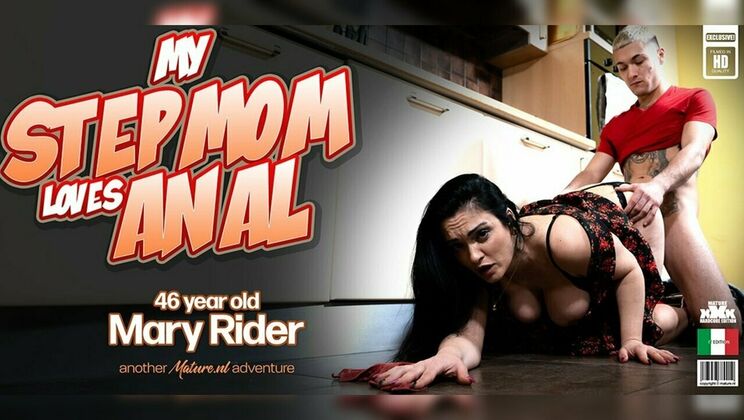 Hot mature stepmom Mary Rider takes anal in the kitchen