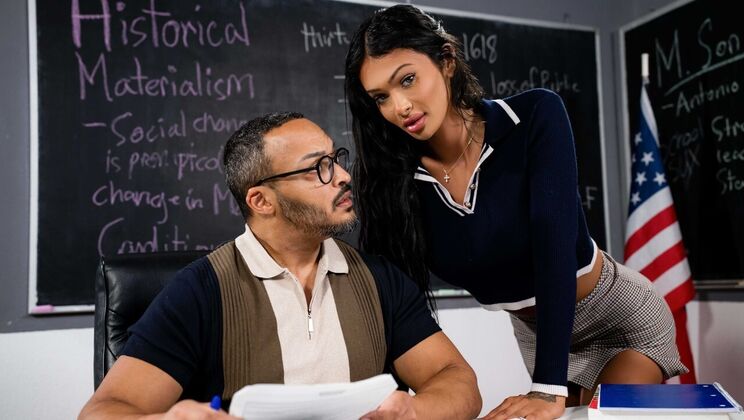 [TransSensual] - Interracial Classroom Sex: Big Tits Brunette Gets Facial Cumshot