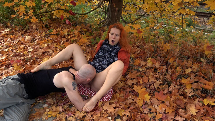 Simona & Leo Finger and Lick in Public Autumn Leaves
